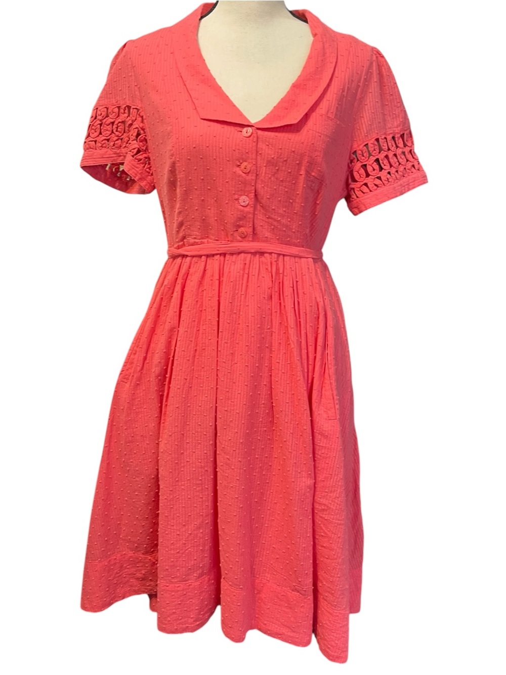 Anthropologie Maeve Coral Pink Fit & Flare Collared Shirt Dress Mod Retro 50s 12